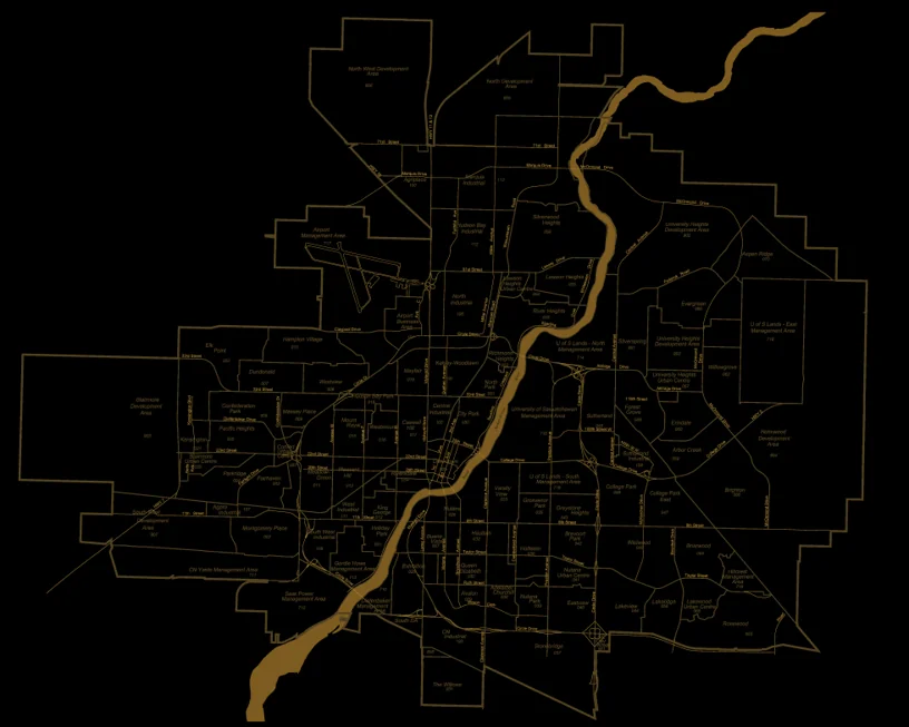 A stylized map of Saskatoon showing the South Saskatchewan River winding through the city and its neighbourhood boundaries.
