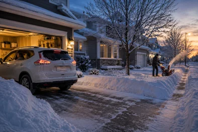 A cleared driveway and a lit attached garage on a snowy winter evening in a residential neighbourhood.